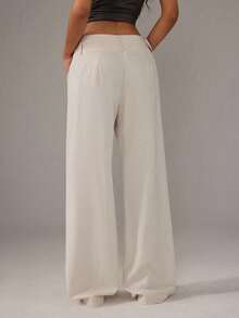 SHEIN Tall Quần ống rộng trơn màu đơn giản dành cho nữ - Màu be - Xem 2