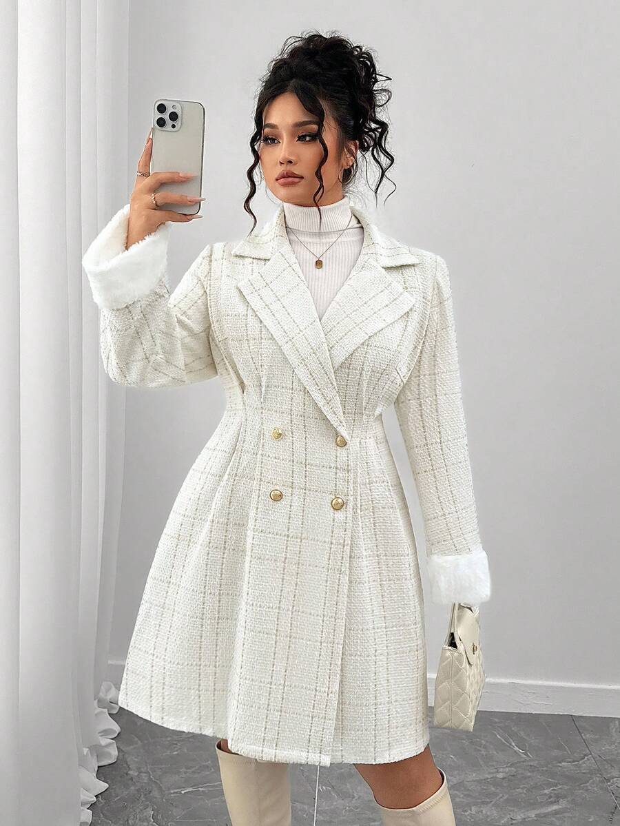 Elenzga Plus Size Women's Retro Elegant White Autumn Formal Double-Breasted Overcoat,Versatile Minimalist Commuter Style Fall Winter Cloth For Daily Wear - Multicolor - View 1