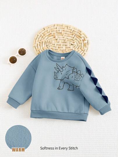 Cozy Pixies Baby Boy Knitted Thermal Lined Cartoon Dinosaur Pattern Contrast Color Horns Round Neck Drop Shoulder Pullover Sweatshirt Fall Winter