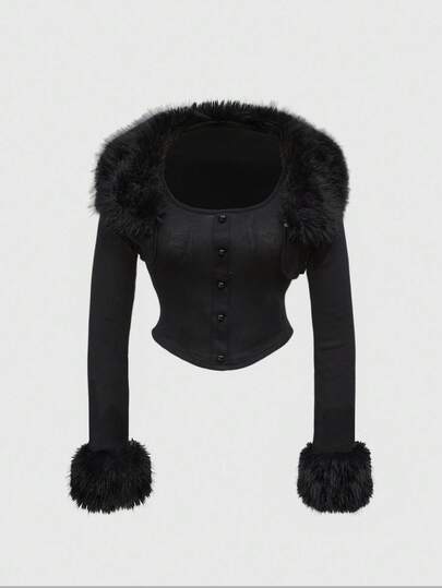 Grunge Punk Y2K Party Clubwear Leopard Print Patchwork Faux Fur Collar Women 2 Pieces Set: Open Front Cropped Top + Camisole