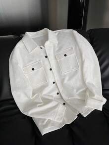 Manfinity Homme 男士休闲衬衫夹克，立领纽扣长袖开衫，双口袋，适合日常、休闲、时尚、通勤、街头风格、春秋季 - 白色 - 查看 3