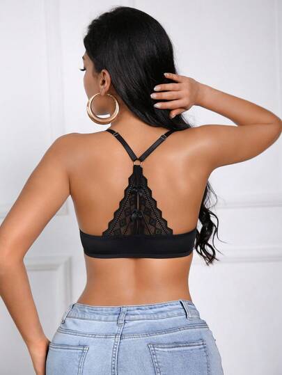 SHEIN 女士时尚前扣蕾丝拼接高支撑文胸，黑色