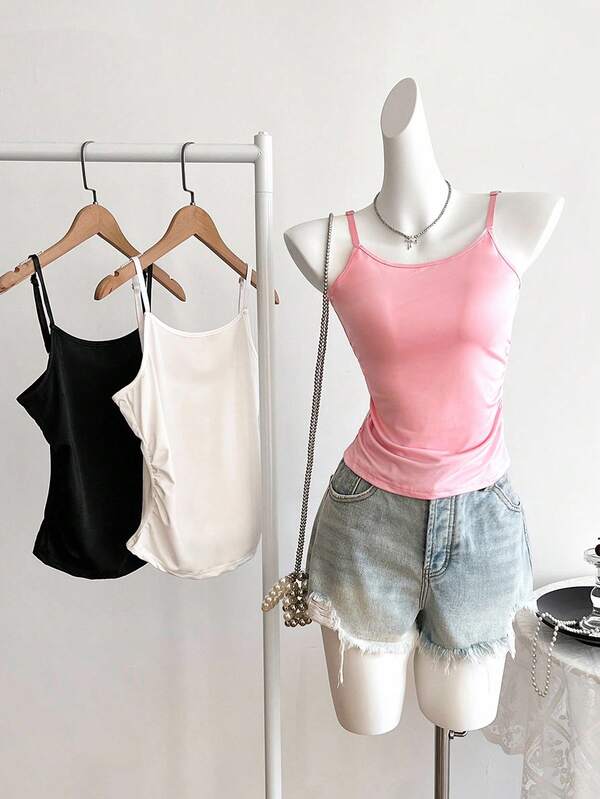 3pcs/Set Teen Girls' Casual All-Match Cropped Pleated Camisole Tops, Versatile Layering And Outer Wear
