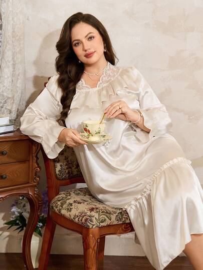  Côtesoire Elegant French Style Plus Size Ruffle Contrast Lace Satin Plus Size Women Nightgown Dress, Fall