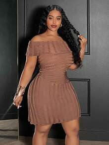 Veslaya 2025 秋冬新款休闲通勤优雅浪漫派对日常聚会办公室装，Office Siren，Easywear 优雅通勤连衣裙，手工纹理针织纯棕色露肩短款修身连衣裙，适合大码女士 - 棕色 - 查看 3