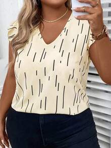 SHEIN LUNE Plus Size Women's Casual All-Over Print V-Neck Ruffle Armhole Loose Blouse, Summer - Apricot - View 7