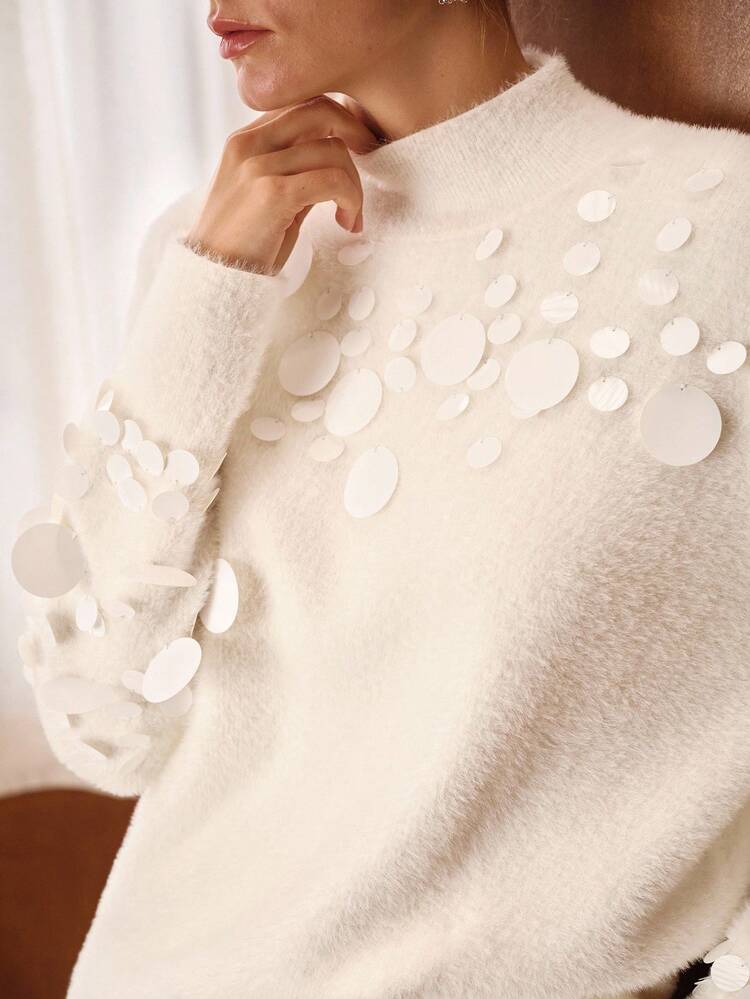 2PCS SWEATER SET: SEQUIN EMBELLISHED CUFF MOCK NECK SWEATER AND WIDE LEG KNIT PANTS, ELEGANT FOR AUTUMN/WINTER PARTY, CHRISTMAS, NEW YEAR OUTFIT