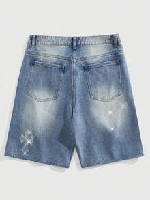 ROMWE MEN Street Life Men's Rhinestone Cross Pattern Denim Shorts - Baby Blue - View 3