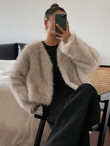 DAZY 女士休闲开襟人造毛皮外套，秋冬女式外套