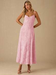 Enchnt 女士优雅褶皱胸围纹理露背吊带连衣裙 - 珊瑚粉 - 查看 5