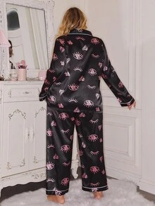 SHEIN Conjunto de pijama de manga larga con estampado de ojos y pantalón largo de talla grande, estilo casual y de moda, color negro, ropa de otoño - Negro - Ver 2