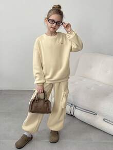 2 pièces/Set Sweat-shirt-shirt ample et décontracté à col ras du cou à manches longues et pantalon de sport oversize, convient pour le port quotidien et l'entraînement - Bleu azur - Voir 6