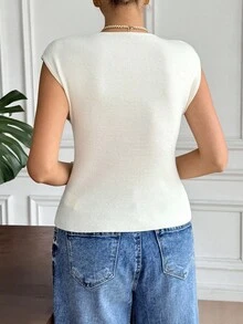 SHEIN Frenchy Women's White Floral Elegant Knit Top,3D Floral Decor Fitted Summer Casual Everyday Wear,Minimalist Fashion Solid Color Date Night Tops - Beige - View 4