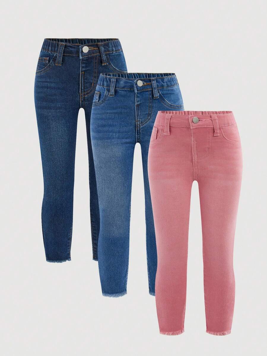 SHEIN 年轻女孩纯色紧身口袋休闲百搭牛仔裤 - 粉色 - 查看 1