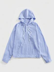 ROMWE MEN Prep 男式条纹学院风插肩袖纽扣半开襟抽绳连帽衫，秋季 - 彩色 - 查看 1