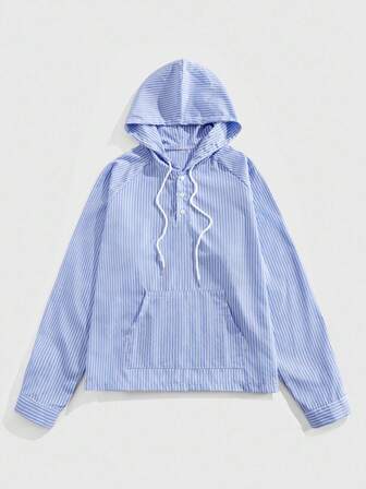 Prep Herren gestreifter Collegestyle Raglanärmel Knopf Halb Patte Kordelzug Hoodie, Herbst