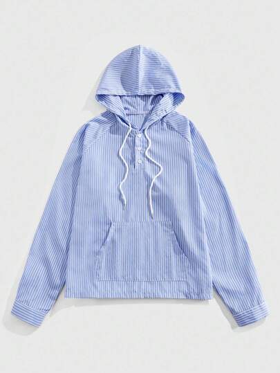 Prep Men's Striped Collegiate Style Raglan Sleeve Button Half Placket Drawstring Hoodie, Fall