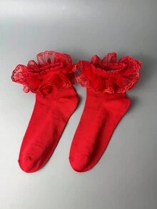 ROMWE Kawaii Calcetines de media caña para mujer, rojos con ribete de volantes - Rojo - Ver 2