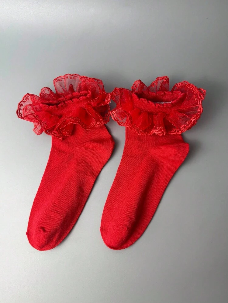 ROMWE Kawaii Women's Mid-Calf Socks, Red With Ruffle Trim - Red - View 2