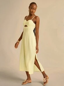 CAJUNI Women's Mid-Length Hollow Design Spaghetti Strap Yellow Dress - Light Yellow - View 4