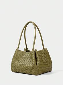 SHECARRY 女士休闲压花编织单肩包水桶包，适合日常通勤和度假场景 - 橄欖綠 - 查看 3