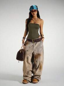 StreetHx Streetwear Women's Sleeveless Bandeau Bodysuit, Summer - Army Green - View 3