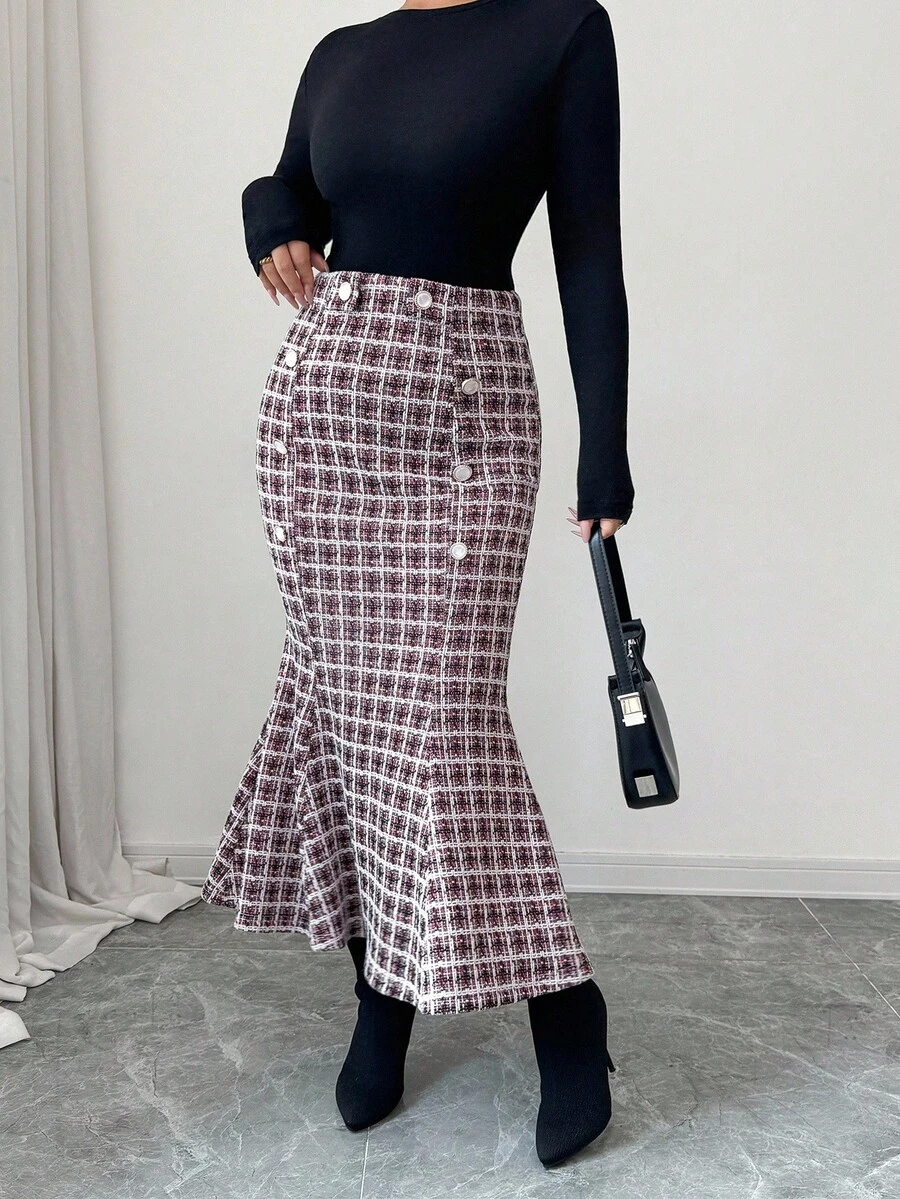 Elenzga Autumn/Winter Vintage Elegant Plaid Tweed Mermaid Hem Fitted Women Skirt - Multicolor - View 1