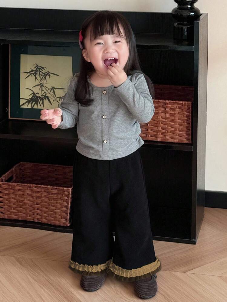 2pcs/Set Baby Girls' Korean Style Casual Long Sleeve T-Shirt And Loose Pants Outfit Fall,Winter Toddler Girls Clothes