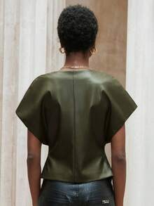 Aveloria Modichic V领不对称剪裁PU面料优雅通勤背心夹克 - 綠色 - 查看 2