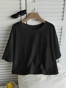 Comfortcana Áo thun ngắn tay màu đen trơn dáng rộng thường ngày - màu đen - Xem 11