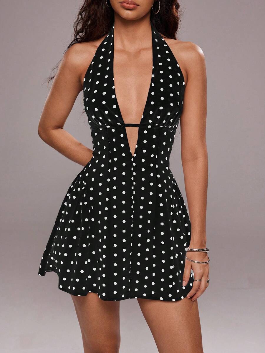 TRNVIE Women's Polka Dot Print Sexy V-Neck Backless Mini Dress - Black - View 1