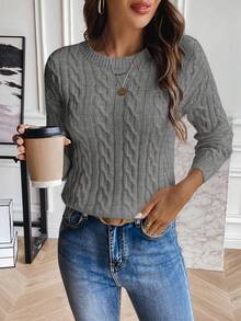 EMERY ROSE 女士休闲日常简约纯色落肩宽松麻花针织套头衫，秋冬 - 灰色 - 查看 3