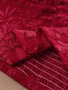 SHEIN Tall CURVE Vacation White Sexy Ruched Textured Fabric Bustier Crop Top With Ruffle Hem, - Red - View 6