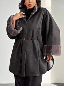 Firerie Plus Size Elegant Furry Collar Patchwork Dark Grey Casual Cloak Style Overcoat, Suitable For Home, Office, Outdoor, Cuff Fur Trim Elegant Commute & Date, Refined Afternoon Tea, Autumn/Winter/ Elegant Overcoat With Drawstring Waist Belt / Autumn And Winter Long Sleeve Loose Fur Patchwork Office Wear Coat Fall