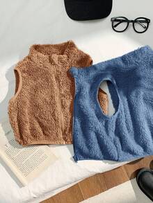 SHEIN 2pcs Baby Boy/Girl Cute Solid Color Fluffy Vest Jacket Set, Autumn/Winter Fall