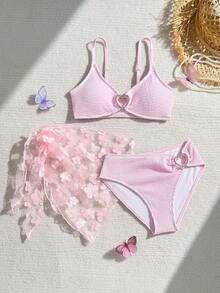 SHEIN 女童可爱三件套泳衣套装，带围巾/荷叶边