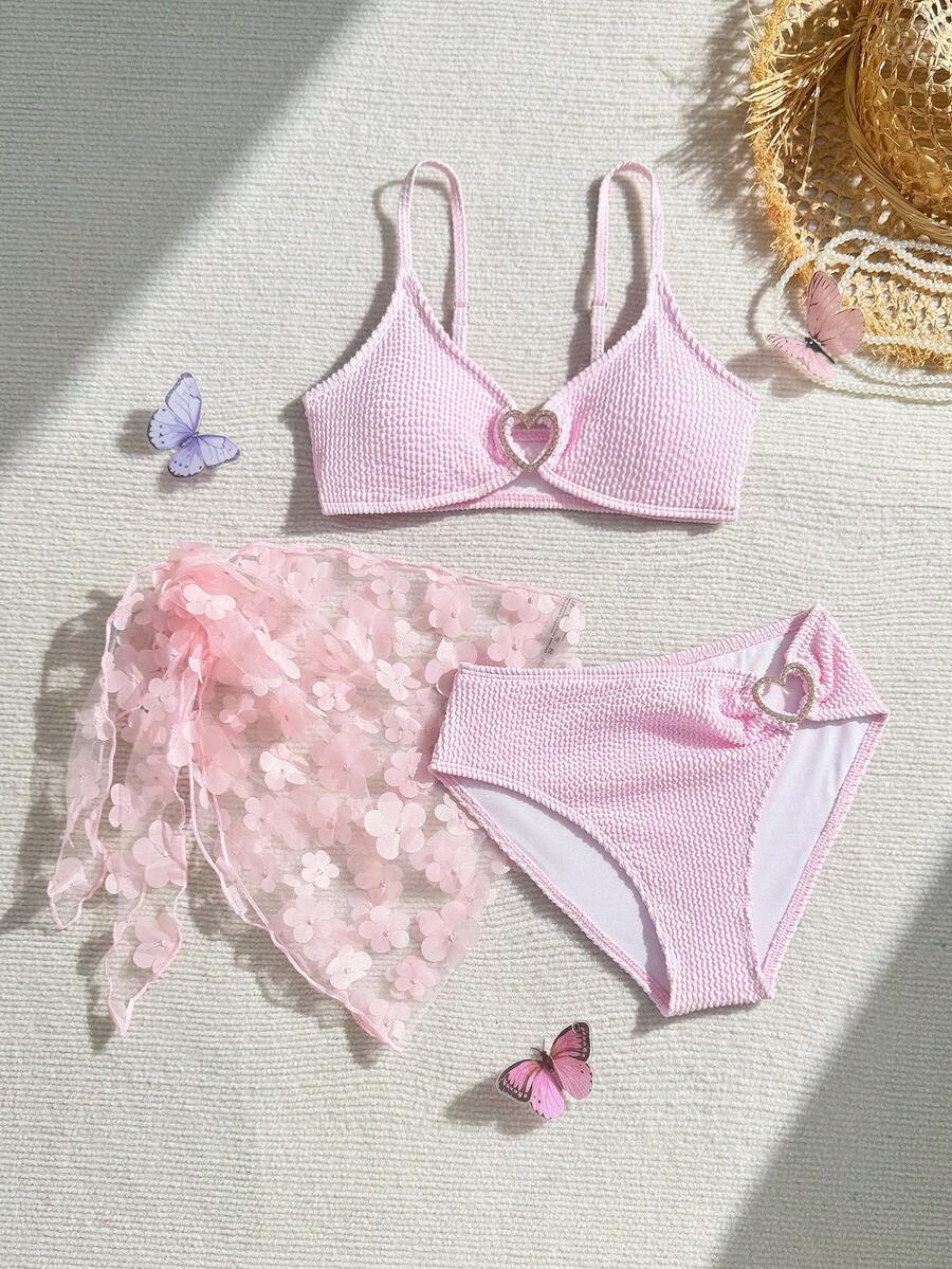 SHEIN 女童可爱三件套泳衣套装，带围巾/荷叶边