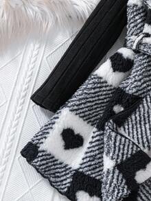 SHEIN Elladie kids 年轻女孩心格子蓬松翻领无袖夹克，圆领长袖 T 恤和裤子休闲装，秋冬秋季服装 - 黑色 - 查看 6