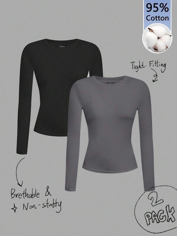 Tseoso 2pcs Black & White Casual Long Sleeve Fitted Long T-Shirt Set, Suitable For Autumn & Winter Cotton Tops Long Sleeve Tops Gray Tops Basic Tops Tight Fitting Tops