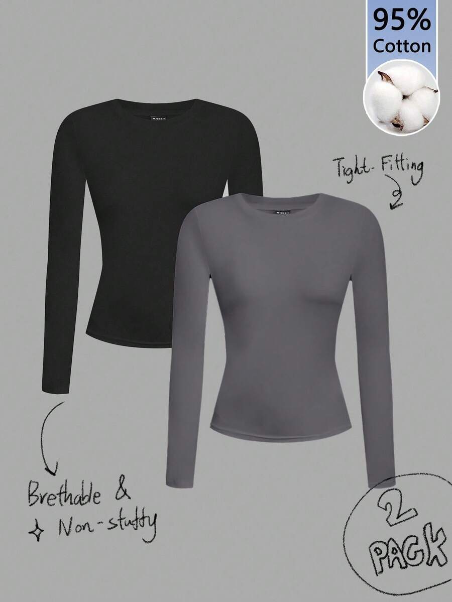 Tseoso 2件黑白休闲长袖修身长T恤套装，适合秋冬季 - 彩色 - 查看 1