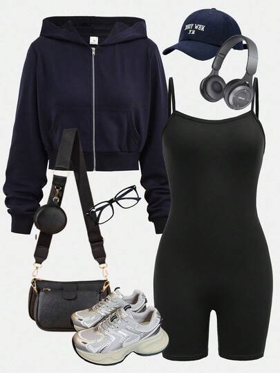 Girlism Teen Girls 2pcs Basic Versatile Set: Navy Blue Solid Color Pocket Hoodie Sweatshirt And Black Solid Color Tight Fitting Jumpsuit Pants, Back To School, Street Fashion Athleisure Tracksuit Fall Winter