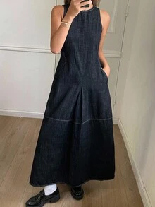 DAZY Vintage Washed Sleeveless Round Neck A-Line Waist Casual Denim Dress For Women, Autumn/Winter - Blue - View 3
