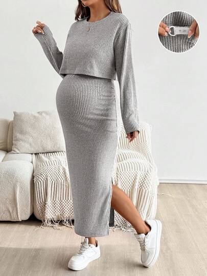 SHEIN Maternity Solid Color Round Neck Short Sleeve Top And Skirt 2 Pieces Set Maternity Two Piece Set Knit Two Piece Set Two Piece Maternity Set Grey Two Piece Set Ribbed Two Piece Set