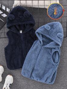 SHEIN 2pcs Kids Boys Casual Versatile Comfortable Fluffy Sleeveless Hooded Jacket Vest 2 Pieces Set,Suitable For School,Garden,Birthday,Spring,Fall,Winter - Multicolor - View 1