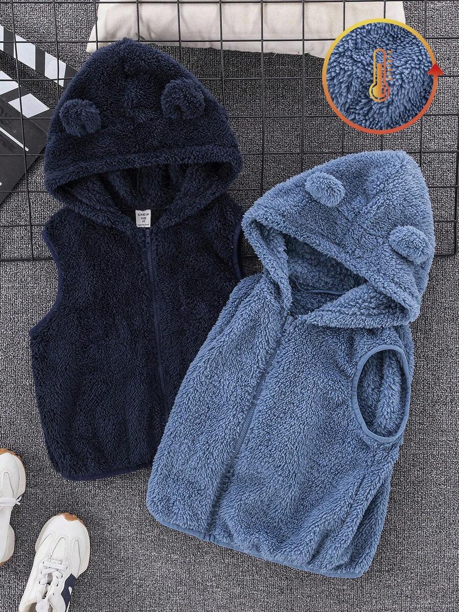 SHEIN 2pcs Kids Boys Casual Versatile Comfortable Fluffy Sleeveless Hooded Jacket Vest 2 Pieces Set,Suitable For School,Garden,Birthday,Spring,Fall,Winter - Multicolor - View 1