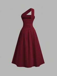 Sweetra 女士斜肩修身抹胸连衣裙 - 紅木色 - 查看 2