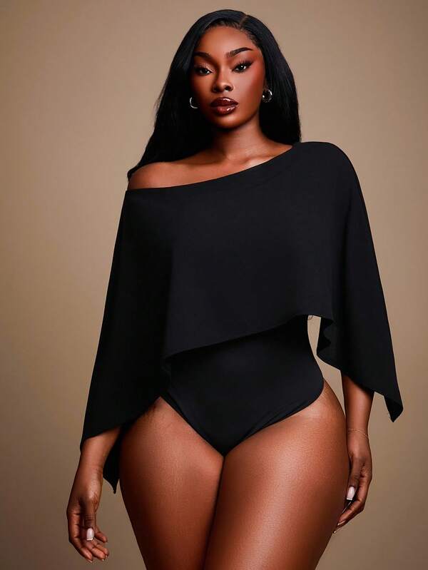 Radiana Plus Size Women's Elegant Sexy Daily Basic Apricot Solid Color Elegant Off Shoulder Batwing Cape Style Bodysuit Black Plus Size Bodysuit,Suitable For High Street,Urban,Sexy Office Siren Coquettish,Cruise Attire,Commuting,Business,Retro,Vintage,Party,Resort,Outing,Old Money,Richly Layered,Date Night,Gathering,Minimalism,Birthday,Formal Event,Gyaru,Ibiza,Nashville,Break,Modest,Chic,Casul,Shopping, Streetwear,Going Out,Coquette,Accent Your Body,Flatter The Figure