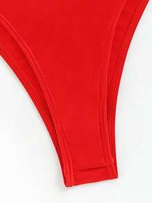 Swim Basics 2pcs Women's Summer Beach Vacation Solid Red Tie Front Bandeau Bikini Set, Separates Swimwear - Red - View 4