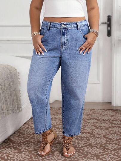 EMERY ROSE Jeans casuales holgados con cintura alta y bolsillos para mujer de talla grande