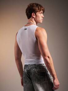 FeverCity Sexy Mesh Sheer, Ruched Design, Slim Fit Men's Tank Top - White - View 2